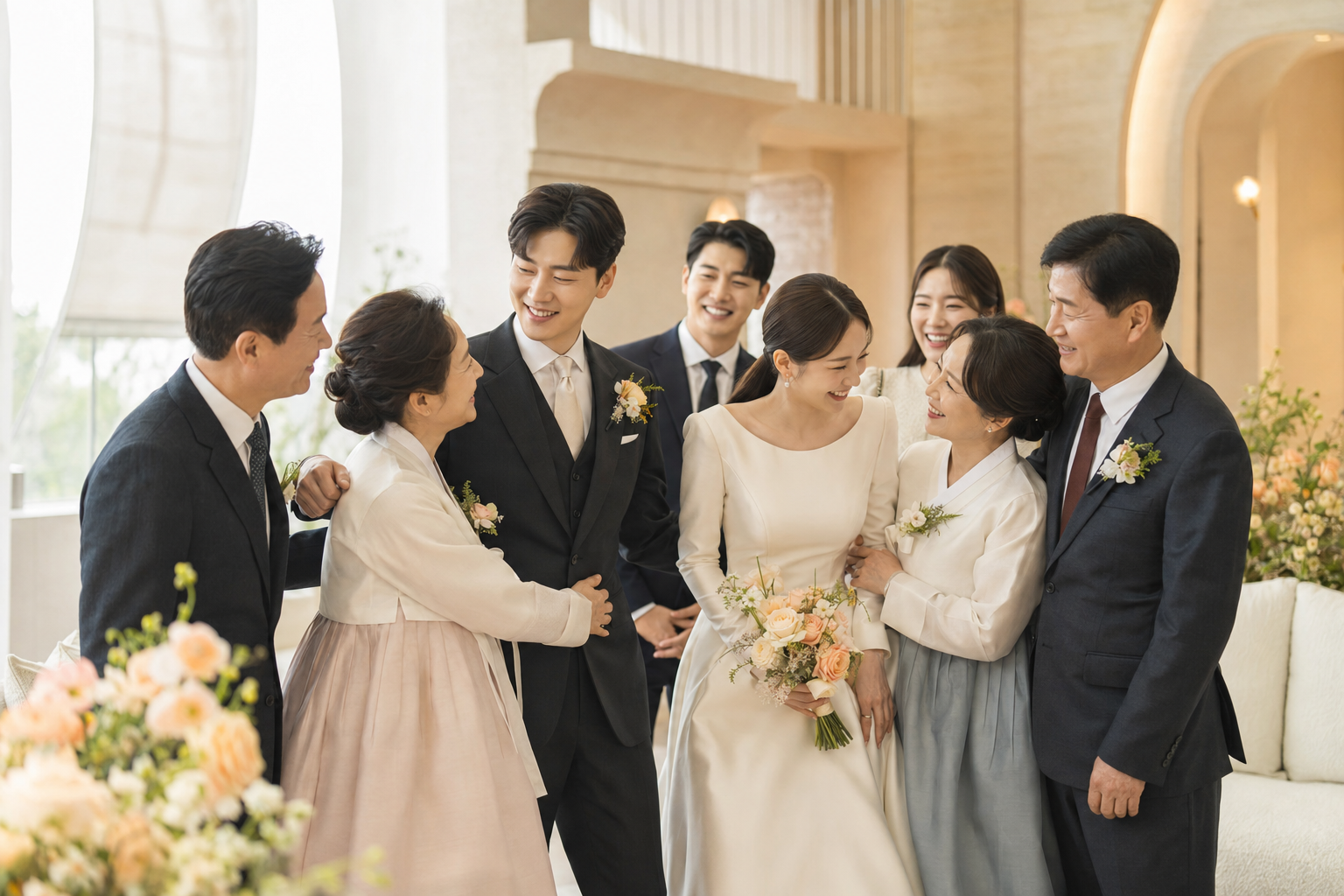 가족과 함께 웃으며 축하받는 신랑과 신부